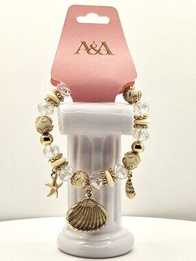 Gold-Tone Shell & Starfish Charm Beaded Bracelet